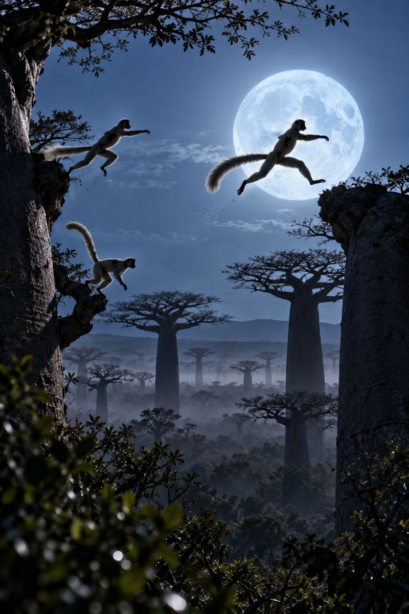 Singe nuit lune foret faune animal arbre ciel saut lemurien nature Dans une forêt éclairée par la lune, trois singes saki à face blanche sautent gracieusement dans les airs. Le plus grand singe saute à mi-hauteur, le corps allongé, les bras et les jambes écartés, tandis que les deux autres sont perchés sur des branches d'arbres, l'un regardant vers le bas et l'autre vers le haut. L'arrière-plan présente de grands baobabs élancés au feuillage clairsemé, et le ciel est d'un bleu profond avec une pleine lune brillante illuminant la scène. Le sol de la forêt est masqué par la brume, ce qui ajoute à l'atmosphère mystique.