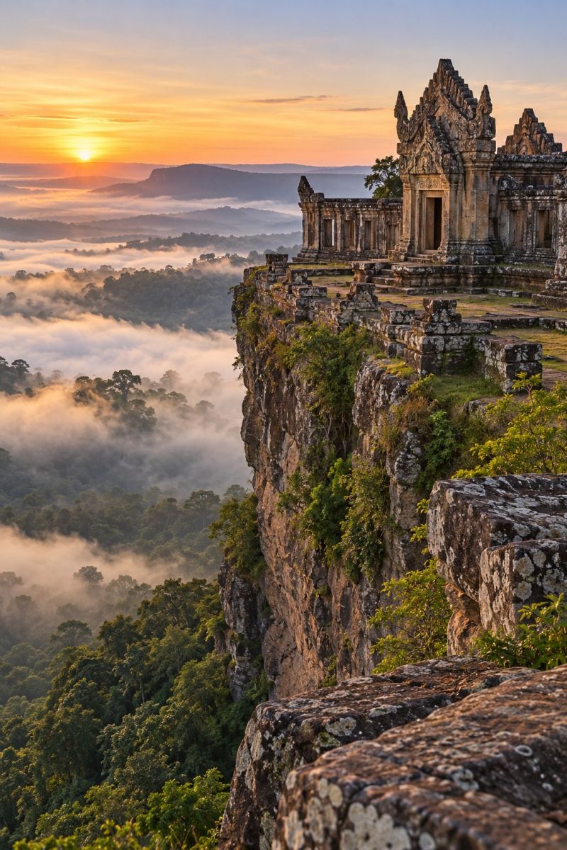 Ancien architecture asie atmosphere batiment batiments cambodge nuages pays jour destination foret brouillard patrimoine colline scène époustouflante d'un temple perché sur une falaise, entouré d'une forêt dense. Le temple, construit en pierre, présente des sculptures complexes et une entrée majestueuse. Il est situé sur une falaise qui surplombe une vaste étendue de montagnes et de vallées couvertes de brouillard. Le ciel au-dessus est une toile aux teintes chaudes, le soleil se couchant au loin, projetant une lueur dorée sur le paysage. Le temple et ses environs sont enveloppés d'une atmosphère sereine et mystique, le brouillard ajoutant au sentiment d'émerveillement et de tranquillité.