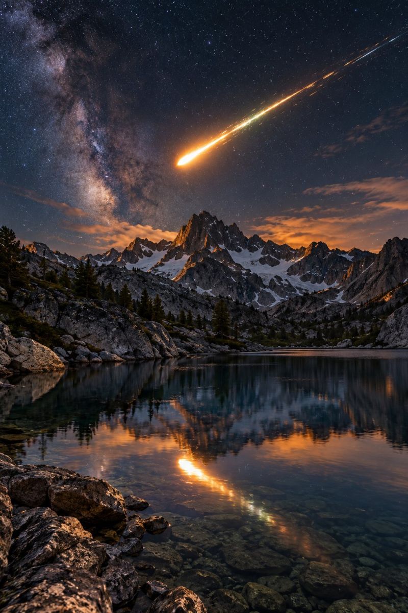 Meteore enflamme dessus lac alpin image photographie magnifique prise précise montrant les méfaits sauvage des activités humaines sur la biodiversité sur la meteore enflamme dessus lac alpin