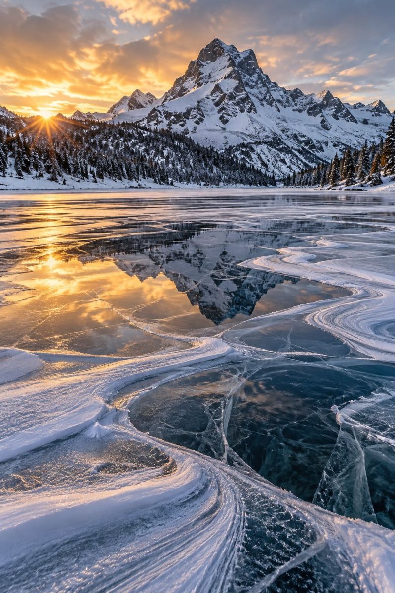 Reflet lac alpin gele image photographie magnifique prise précise montrant les méfaits sauvage des activités humaines sur la biodiversité sur la reflet d lac alpin gele