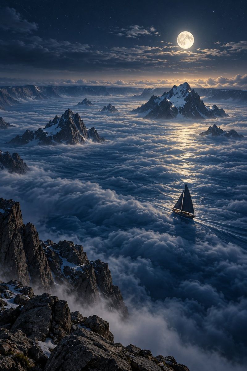 Bateau nuage nuages croisiere navire mer eau voile ocean Un voilier navigue dans une mer de nuages sous une pleine lune dans le ciel nocturne. La lune est brillante et pleine, projetant une douce lueur sur les nuages et le voilier. Le voilier est petit et semble avancer, les voiles gonflées par le vent. La mer de nuages est vaste et s'étend à perte de vue, avec des montagnes rocheuses et des sommets enneigés visibles au loin. Le ciel est sombre et nuageux, avec quelques étoiles visibles au loin.