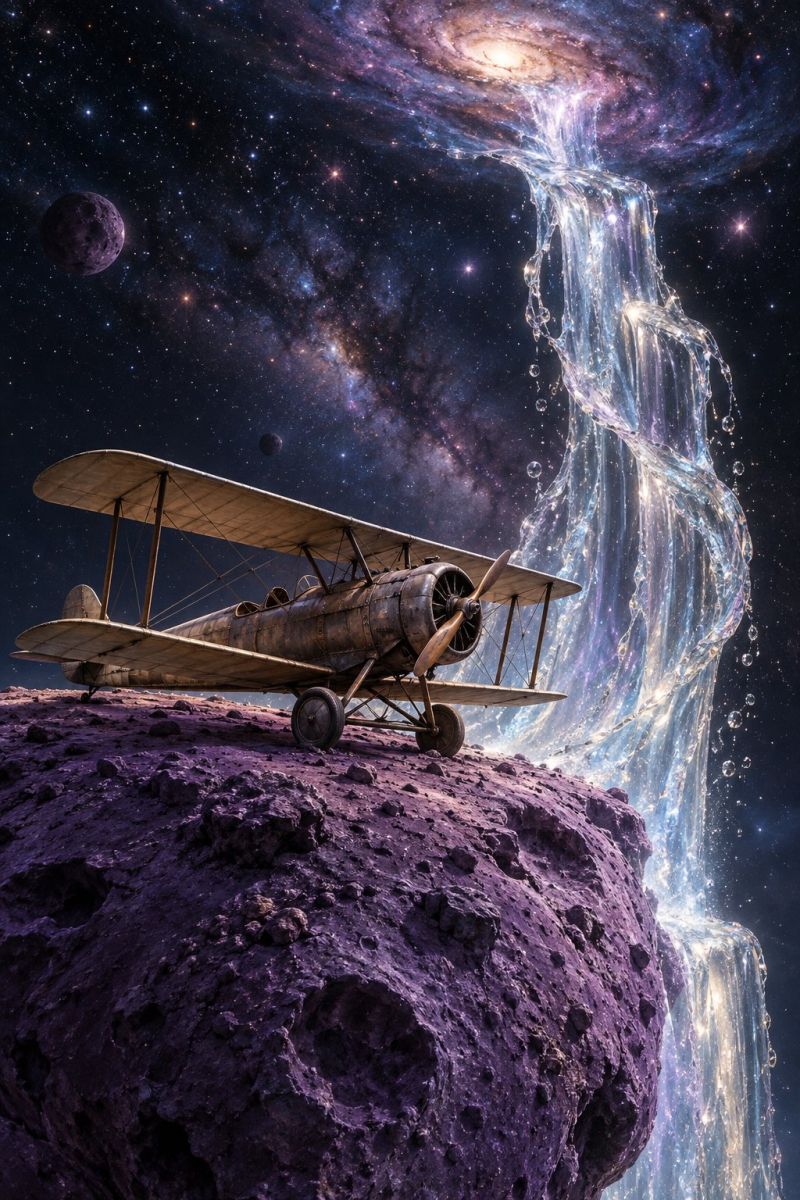 Space sky galaxy night universe spaceship astronomy cosmos star spacecraft exploration outer travel flight mission An old biplane rests on a rocky, purple asteroid in space. The plane has a propeller in front and is tilted slightly to the right. The sky is filled with stars, a large galaxy, and a moon. A waterfall-like structure of water flows from the top right, creating a surreal and fantastical scene.