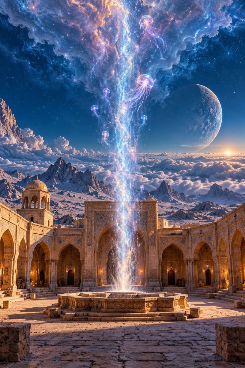 Architecture astronomy building cloud clouds cosmos creativity design fantasy fiction fountain galaxy imagination medieval grand architectural structure, possibly a mosque, with a central fountain in the foreground. The fountain is surrounded by a stone platform with intricate carvings. The building has arched doorways and windows, and it is set against a back of a mountainous landscape with snow-capped peaks. The sky above is a vivid blend of blue and orange hues, with a large, glowing planet visible in the distance. The scene is surreal, with jellyfish-like creatures floating in the sky, adding a fantastical element to the otherwise realistic setting.