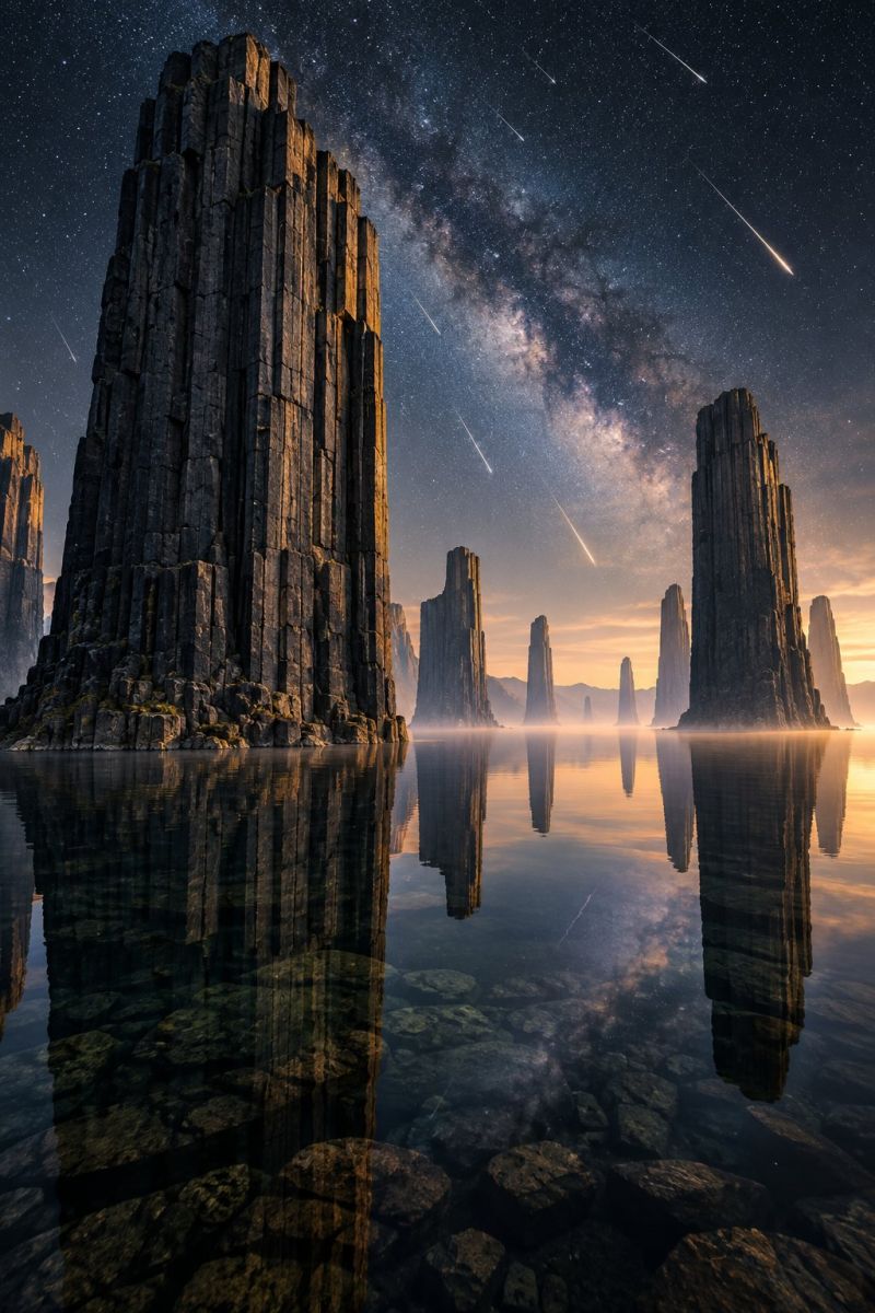 Reflexion eau astronomie celeste meteore comete ciel nuit obscurite ligne horizon rocher pilier falaise mer formation averse etoile espace paysage serein et spectaculaire la nuit. Au premier plan, plusieurs hautes formations rocheuses déchiquetées s'élèvent d'un plan d'eau calme, probablement un lac ou une mer. Les roches sont sombres et semblent être faites de basalte, avec des arêtes anguleuses et tranchantes. L'eau est très calme, reflétant les formations rocheuses et le ciel nocturne au-dessus. Le ciel est d'un bleu foncé profond, parsemé de nombreuses étoiles et de quelques météores qui le traversent. La Voie lactée est visible, ce qui ajoute une sensation d'immensité et d'émerveillement à la scène. L'horizon est peint avec un dégradé de couleurs, passant du bleu foncé du ciel nocturne à une teinte plus claire et plus dorée, suggérant la présence d'un coucher ou d'un lever de soleil lointain.