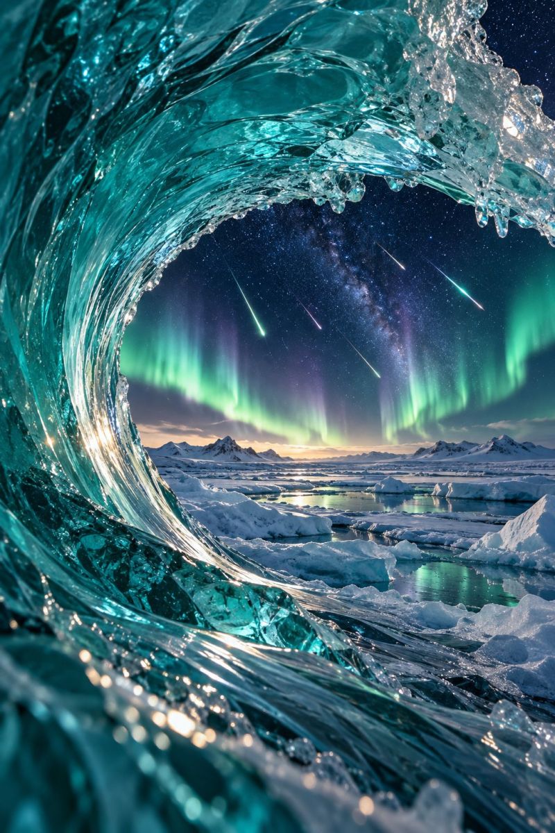 Aurore iceberg glacier glace nord meteorite pluie nuit ciel etoile voie lactee polaire region cercle grosse vague au premier plan, dont la crête forme un tunnel. La vague est faite d'une eau bleue claire et elle semble s'écraser contre le rivage. En arrière-plan, il y a un magnifique ciel nocturne rempli d'aurores boréales, également connues sous le nom d'aurores boréales. Les lumières sont dans les tons verts, violets et roses, et elles dansent dans le ciel. Le ciel est également rempli d'étoiles et quelques météores sont visibles. L'horizon est parsemé de montagnes et l'ensemble de la scène se déroule sur fond de neige et de glace.