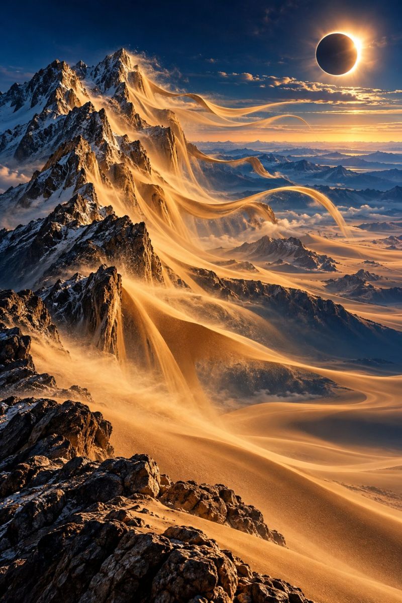 Mountains sand dunes desert rocks rock cliff cliffs hill hills hillside hillsides hilltop hilltops mountain rocky dramatic landscape with a mountain range under a clear blue sky. The mountains are covered in snow, and the wind is blowing, creating long, wavy lines of snow that stretch across the mountains. The sun is setting on the right side of the image, casting a warm glow over the scene. The sky is a deep blue, with a few scattered clouds. The mountains are surrounded by a vast expanse of sand dunes, which are illuminated by the setting sun. The overall effect is one of grandeur and majesty, with the natural beauty of the landscape on full display.