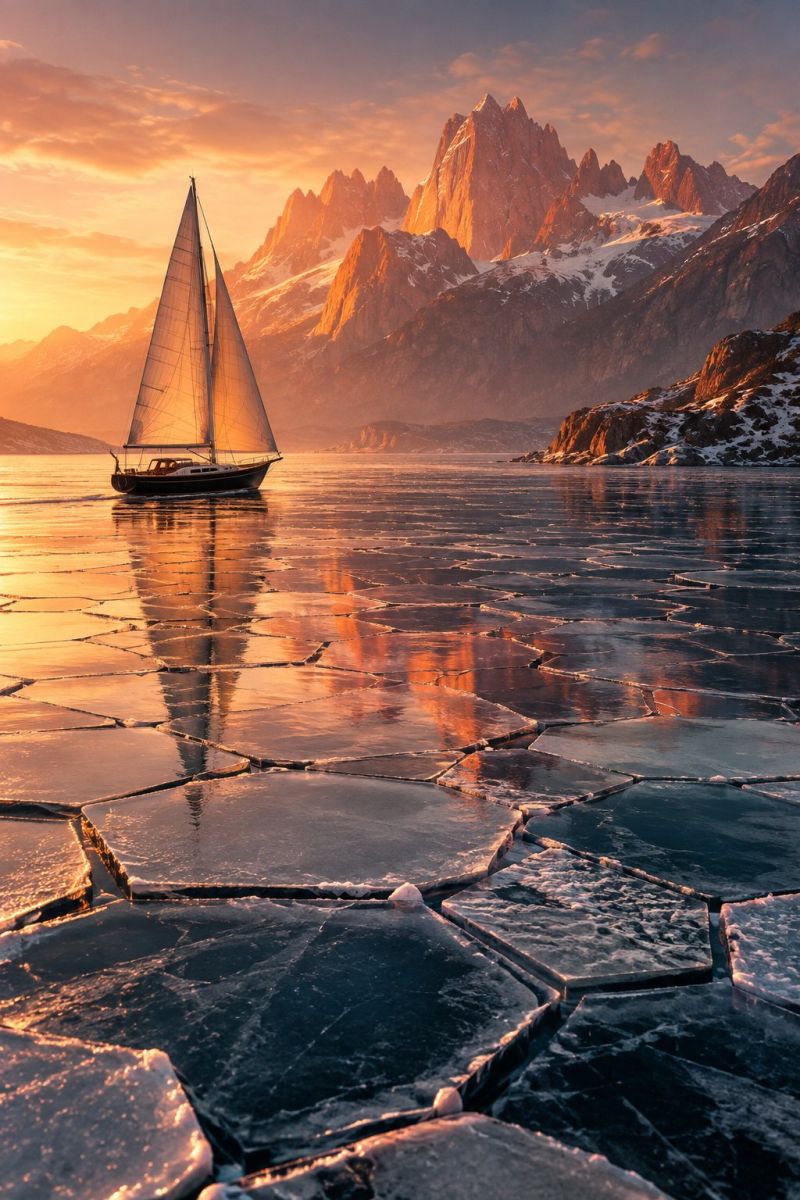 Bateau eau glace montagne ciel coucher soleil reflet mer horizon nuage roche neige ocean colline marin nature nuages Un voilier navigue sur un lac gelé avec une chaîne de montagnes en arrière-plan. Le lac est recouvert de glace et la glace est fissurée en formes hexagonales. Le reflet du voilier est visible sur l'eau. Le ciel est orange et rose, ce qui indique le coucher du soleil. La chaîne de montagnes est recouverte de neige et certaines parties sont illuminées par les rayons du soleil.