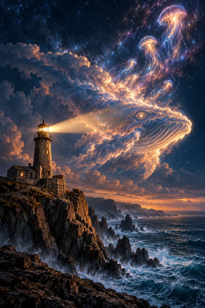 Lighthouse night sky clouds stars ocean waves rocks cliff mountain sea beam beams beaming dramatic and surreal scene featuring a lighthouse perched on a rocky cliff overlooking a tumultuous ocean. The lighthouse is illuminated with a bright light shining from its top, casting a warm glow on the surrounding clouds and rocks. Above the lighthouse, a large, ethereal whale appears to be floating in the sky, its body blending seamlessly with the clouds. The sky is filled with vibrant colors, transitioning from deep blues and purples to lighter hues as it moves towards the horizon. Several jellyfish float gracefully in the sky, adding to the fantastical atmosphere. The ocean below is rough, with waves crashing against the rocks, creating a sense of motion and power. The overall scene combines elements of nature, fantasy, and a touch of surrealism.