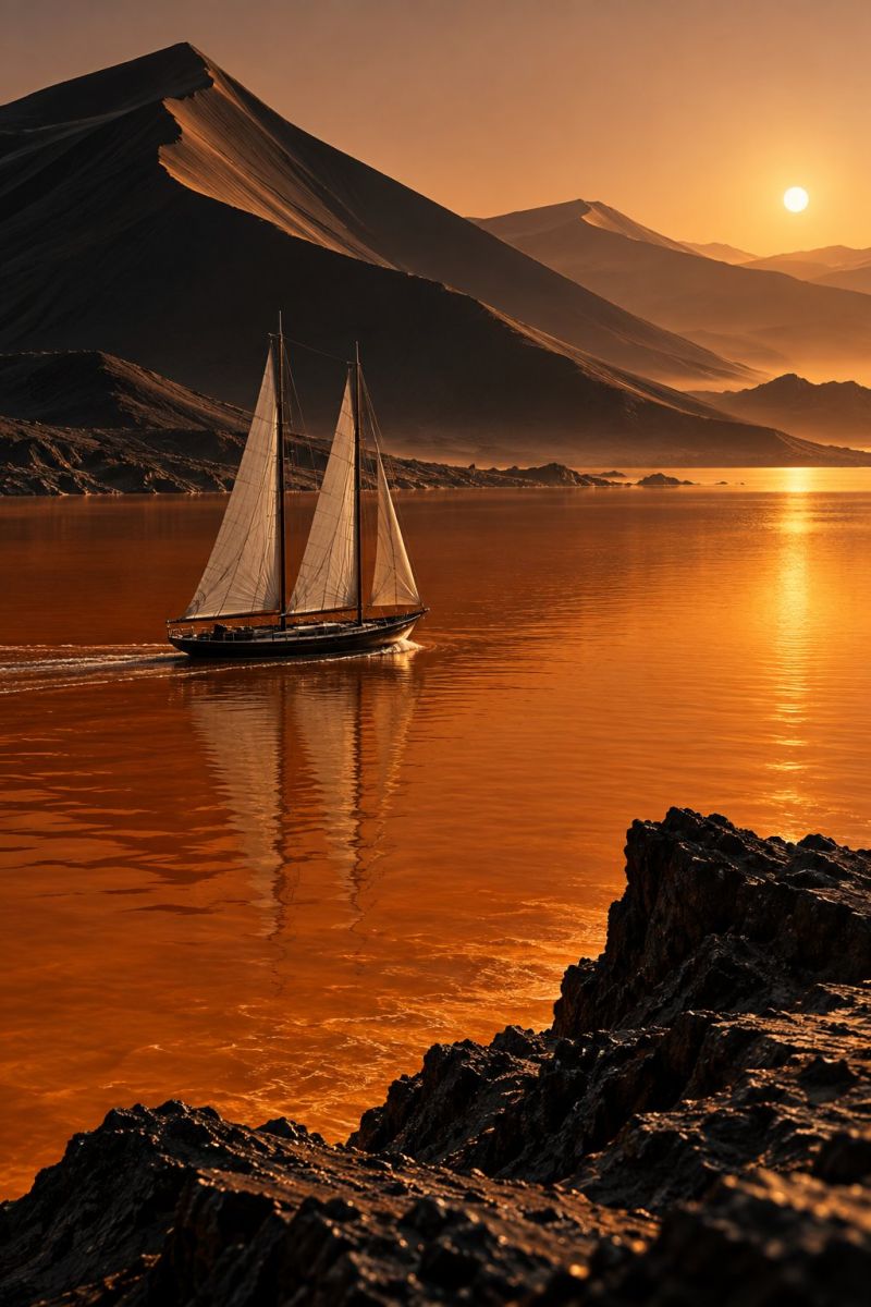 Bateau eau coucher soleil ciel montagne reflet voile mer navire Un voilier glisse gracieusement sur un plan d'eau serein aux teintes orange au coucher du soleil. L'eau reflète la lumière chaude et dorée du soleil couchant, créant ainsi un effet miroir. Le voilier possède deux grandes voiles triangulaires qui flottent au gré de la brise. À l'arrière-plan, des montagnes escarpées sur un terrain sablonneux ressemblant à un désert s'élèvent sur un ciel passant de l'orange à un bleu plus foncé. Le soleil est partiellement masqué par l'horizon, projetant une lueur douce et chaude sur l'ensemble de la scène.