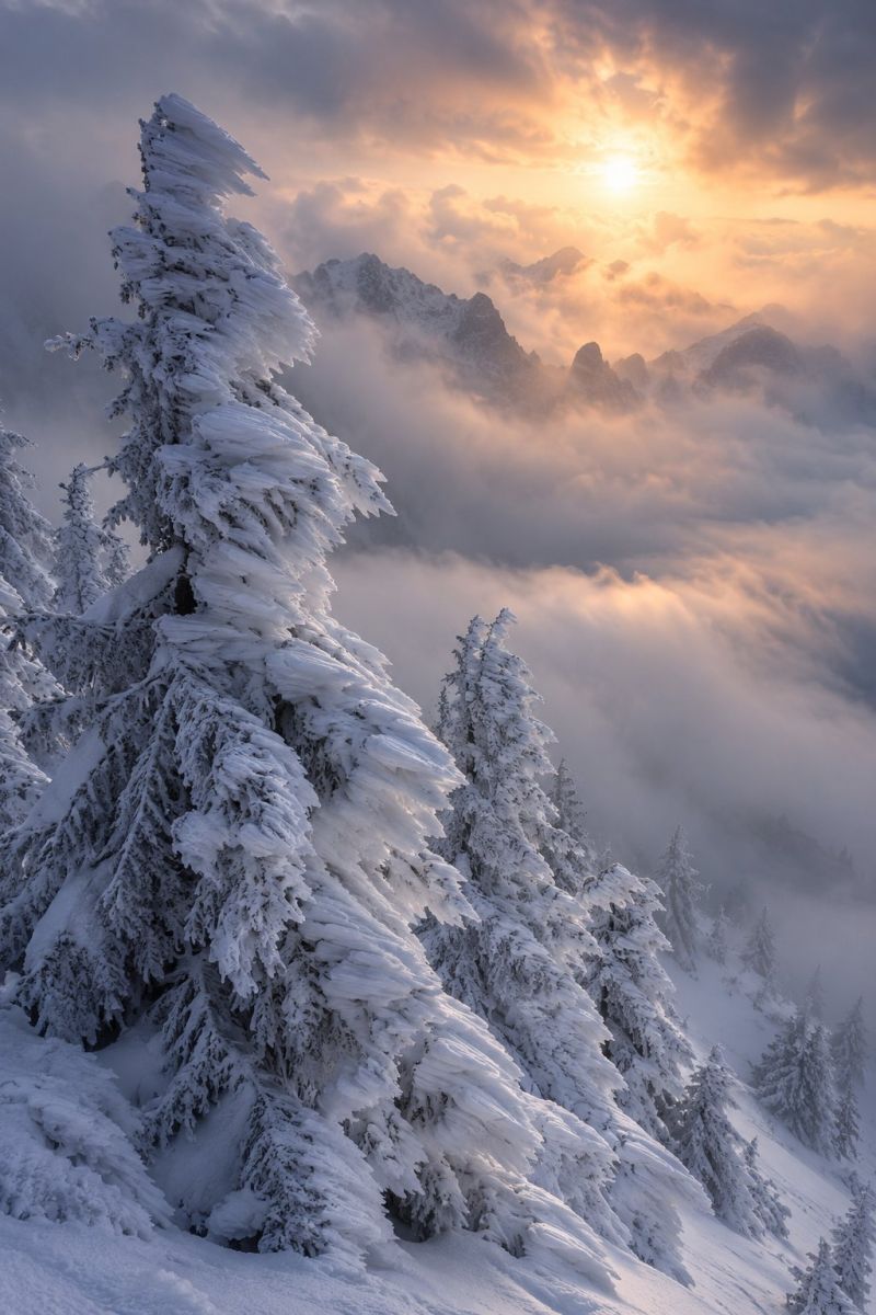 Snow mountain sky cloud tree winter fog sun sunrise sunset nature hill rock rocky mountains range scenery The image captures a serene winter landscape with a majestic mountain range in the background. The foreground is dominated by tall, snow-covered pine trees, their branches heavy with ice crystals, creating a sparkling effect. The snow blankets the ground and the trees, creating a pristine white canvas. The sky above is a mix of warm, golden hues from the setting sun and cool, gray clouds. The sun's rays filter through the clouds, casting a gentle glow on the snowy scene. In the distance, the mountain peaks are partially obscured by fog, adding a sense of mystery and depth to the landscape.