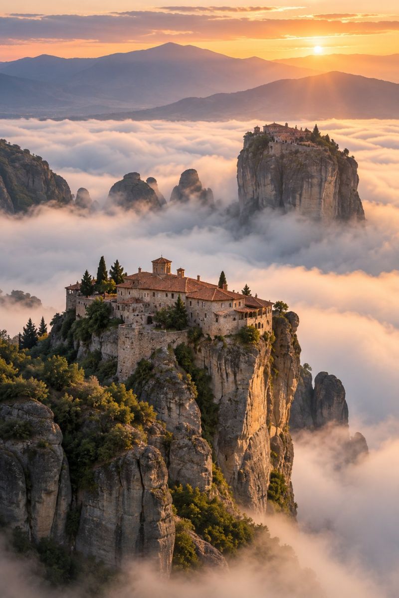 Montagne chateau ciel nuage rocher colline soleil lever coucher architecture batiment tour fort fortification ruine ruines fortifie fortifications anc Vue aérienne d'un monastère perché sur une falaise rocheuse, entouré d'un épais brouillard. Le monastère a un toit rouge et est construit sur une falaise abrupte, sur laquelle poussent quelques arbres et plantes. Le soleil se couche au loin, projetant une lueur chaude sur les nuages et les montagnes. Le ciel est un mélange de teintes orange et rose, et le brouillard ajoute une touche mystique à la scène.