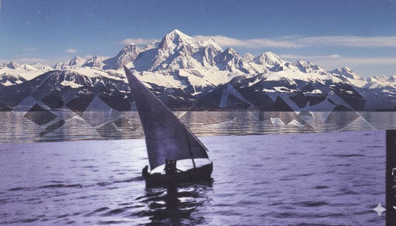 Bateau canoe canoeistes Un petit voilier avec une voile triangulaire navigue sur un calme plan d'eau de couleur violet foncé. Le bateau est positionné au premier plan, et son reflet peut être vu sur la surface de l'eau. Derrière le bateau, il y a une vaste étendue de montagnes enneigées, avec un ciel bleu clair au-dessus. Les montagnes sont majestueuses et semblent faire partie d'une chaîne de montagnes. L'image a un aspect légèrement surréaliste et artistique, avec les montagnes et le ciel apparaissant légèrement déformés ou manipulés.