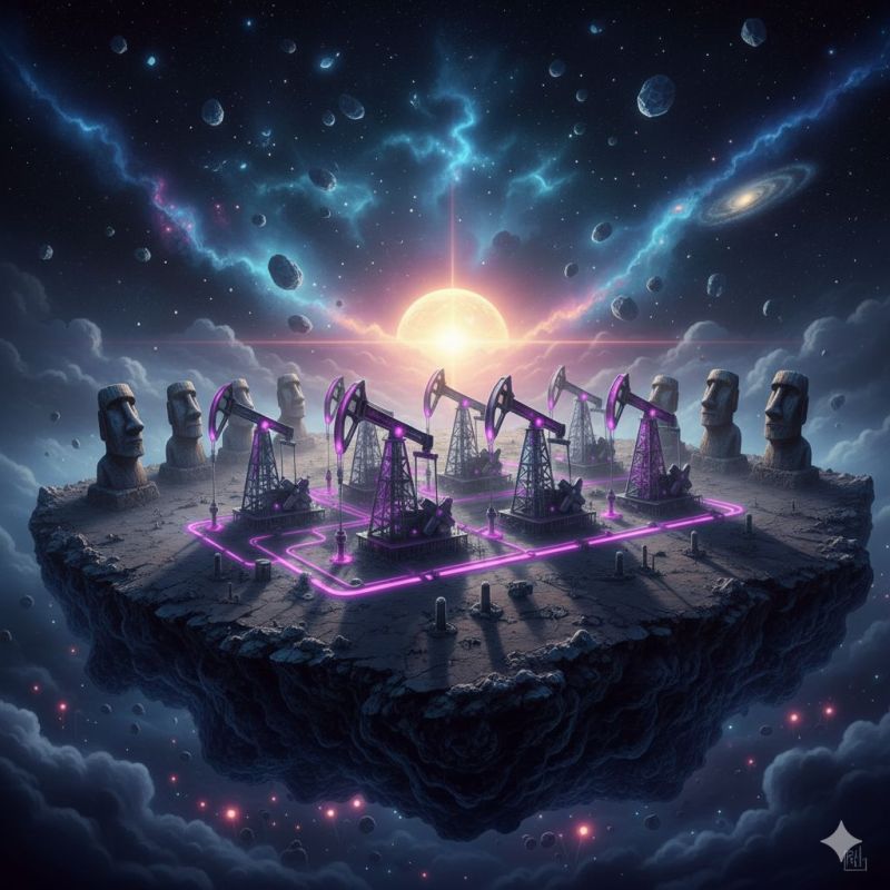 Space alien fantasy imagination extraterrestrial cosmic universe galaxy stars planets nebula asteroids science fiction world architecture technology In a surreal landscape, a floating island is depicted with a glowing purple line connecting several oil rigs. The island is surrounded by a dark, starry sky filled with planets and a large galaxy. The oil rigs are adorned with purple lights, and there are stone statues of heads with flat tops, reminiscent of Easter Island. The sun is setting in the background, casting a warm glow over the scene.