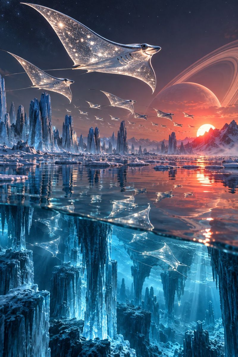 Ciel eau glace iceberg icebergs Sur cette image, un groupe de grandes raies manta rougeoyantes aux motifs complexes sur leurs ailes survolent un paysage gelé. Le ciel est plein d'étoiles et une grande planète avec des anneaux est visible au loin. Le soleil se couche et projette une lueur orange sur le terrain glacé. L'eau en contrebas est calme et reflète le ciel et les raies manta. Le paysage glacé présente de hautes flèches dentelées et une ligne d'horizon où le ciel rencontre l'eau.