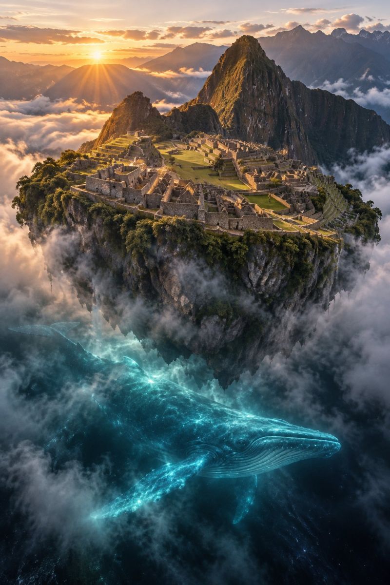 Mountain sun sky cloud sunrise sunset architecture ruins ancient building hill rock water ocean sea whale dolphin nature wildlife surreal scene where the ancient ruins of Machu Picchu are floating above the clouds, with a large whale swimming beneath it. The sun is setting in the background, casting a warm glow on the mountains and the ruins. The sky is filled with clouds, and the whale's body is illuminated with a blue light, creating a mystical atmosphere. The image combines elements of nature, architecture, and fantasy, creating a dreamlike and otherworldly scene.