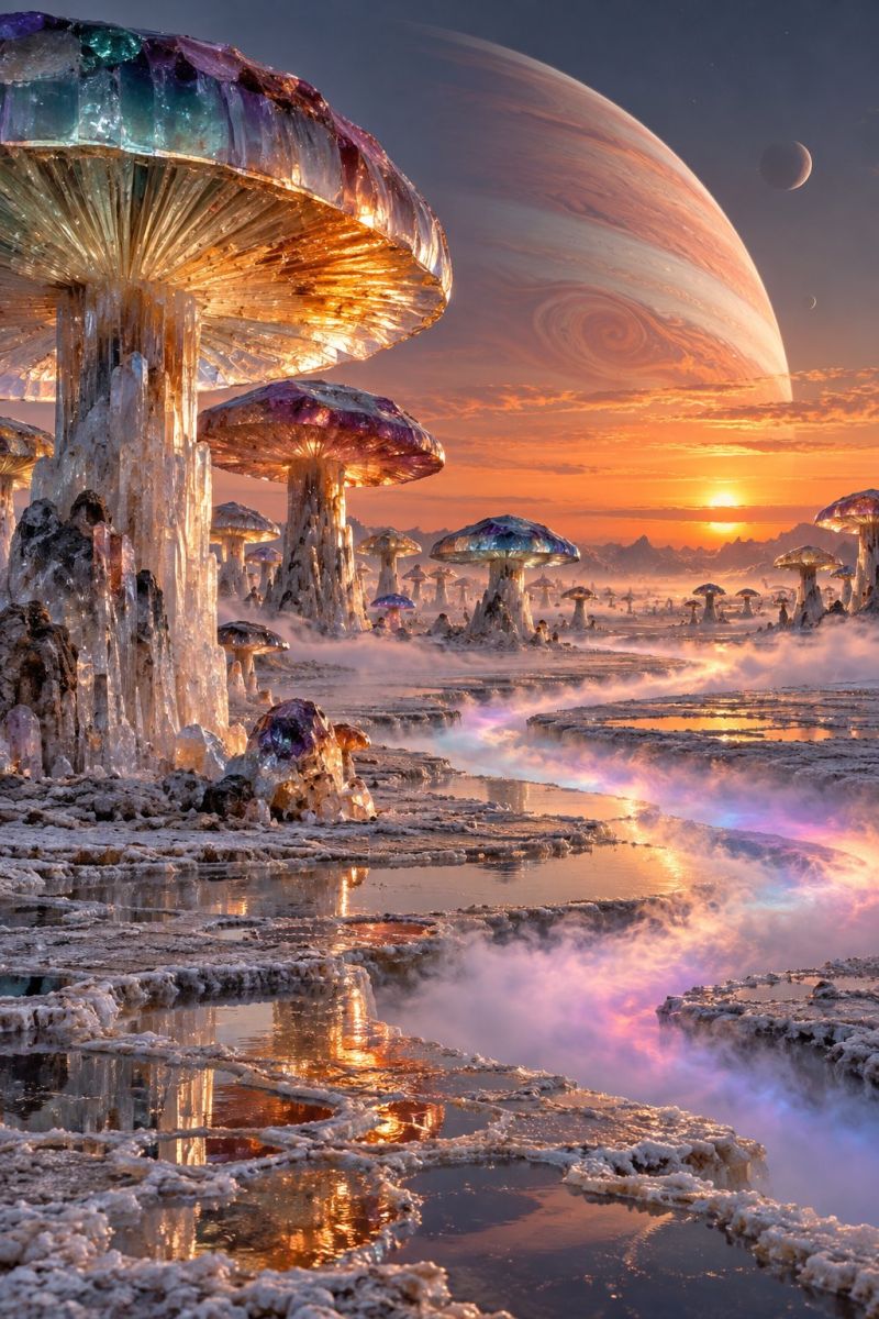 Extraterrestre beau bioluminescent bioluminescence cristal cristaux Dans un paysage surréaliste, de gros champignons cristallins aux calottes et aux tiges multicolores se dressent sur fond de soleil couchant. Le ciel est un mélange de teintes orange et rose, avec une grosse planète visible au loin et son atmosphère tourbillonnante de bandes de couleurs. Le sol est rocheux et glacé, avec des plaques d'eau reflétant les couleurs du ciel et du soleil couchant. La scène est empreinte d'un sentiment de beauté et de tranquillité d'un autre monde.
