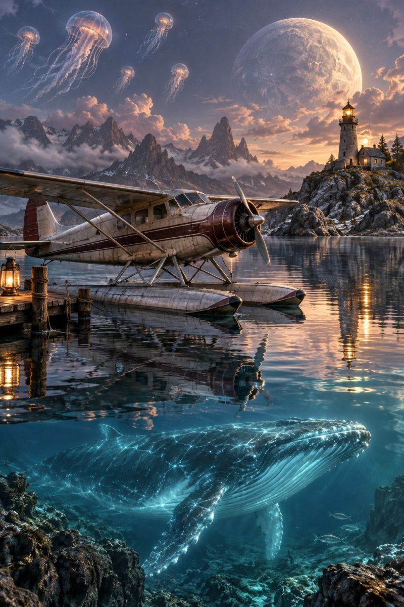 Seaplane sea water seascape serene scene with a small seaplane docked on a lake. The plane has floats and is positioned near a wooden dock. The water is calm, reflecting the plane and the surrounding landscape. In the foreground, a large humpback whale is swimming gracefully, its body illuminated by the sunlight filtering through the water. Above the water, several jellyfish float gracefully, adding a touch of fantasy to the scene. In the background, there is a small island with a lighthouse and a house, surrounded by mountains and a large, glowing moon in the sky. The sky is a mix of orange and blue hues, indicating either sunrise or sunset.