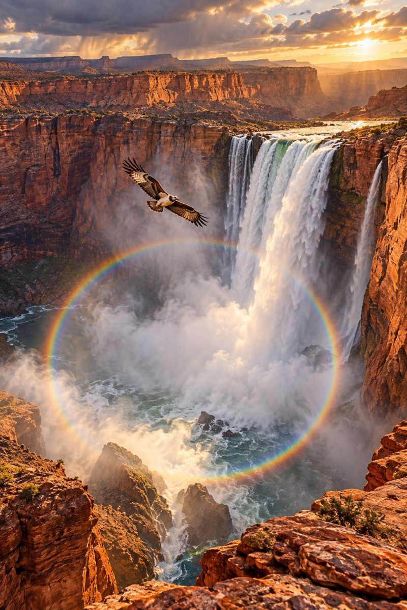 Eagle bird water rainbow sky sun mountain cloud rock sunlight sunrise sunset nature waterfall spray spraying sprayed A majestic eagle soars gracefully above a powerful waterfall, its wings spread wide. The waterfall cascades down a rugged cliff face, creating a rainbow in the mist. The scene is set against a back of dramatic, reddish-brown cliffs and a sky transitioning from the warm hues of sunset to the cool tones of twilight. The water below the waterfall churns and foams, reflecting the vibrant colors of the rainbow.