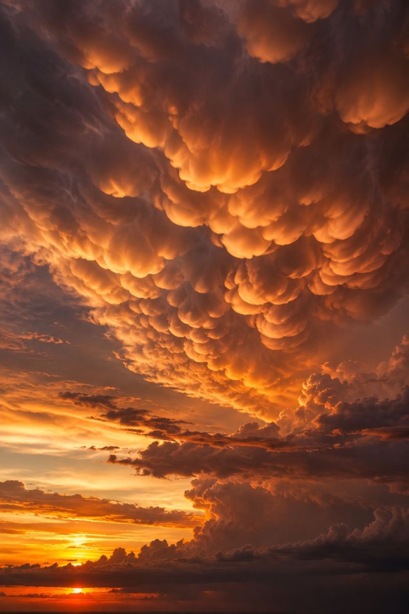 Sky clouds sunset orange dark nature weather atmosphere horizon sun cloud skyscape cloudscape outdoors day evening cloudy dramatic sunset sky filled with towering, billowing clouds. The clouds are a mix of deep, dark grays and lighter, golden hues, illuminated by the setting sun. The sun itself is partially obscured by the clouds, casting a warm, orange glow that highlights the cloud formations. The sky transitions from the bright, golden light of the sunset to the darker, more muted tones of the approaching night. The clouds are large and puffy, with intricate shapes and textures, creating a sense of depth and movement in the sky. The overall scene is both majestic and serene, capturing the beauty of a sunset through the lens of nature's artistry.