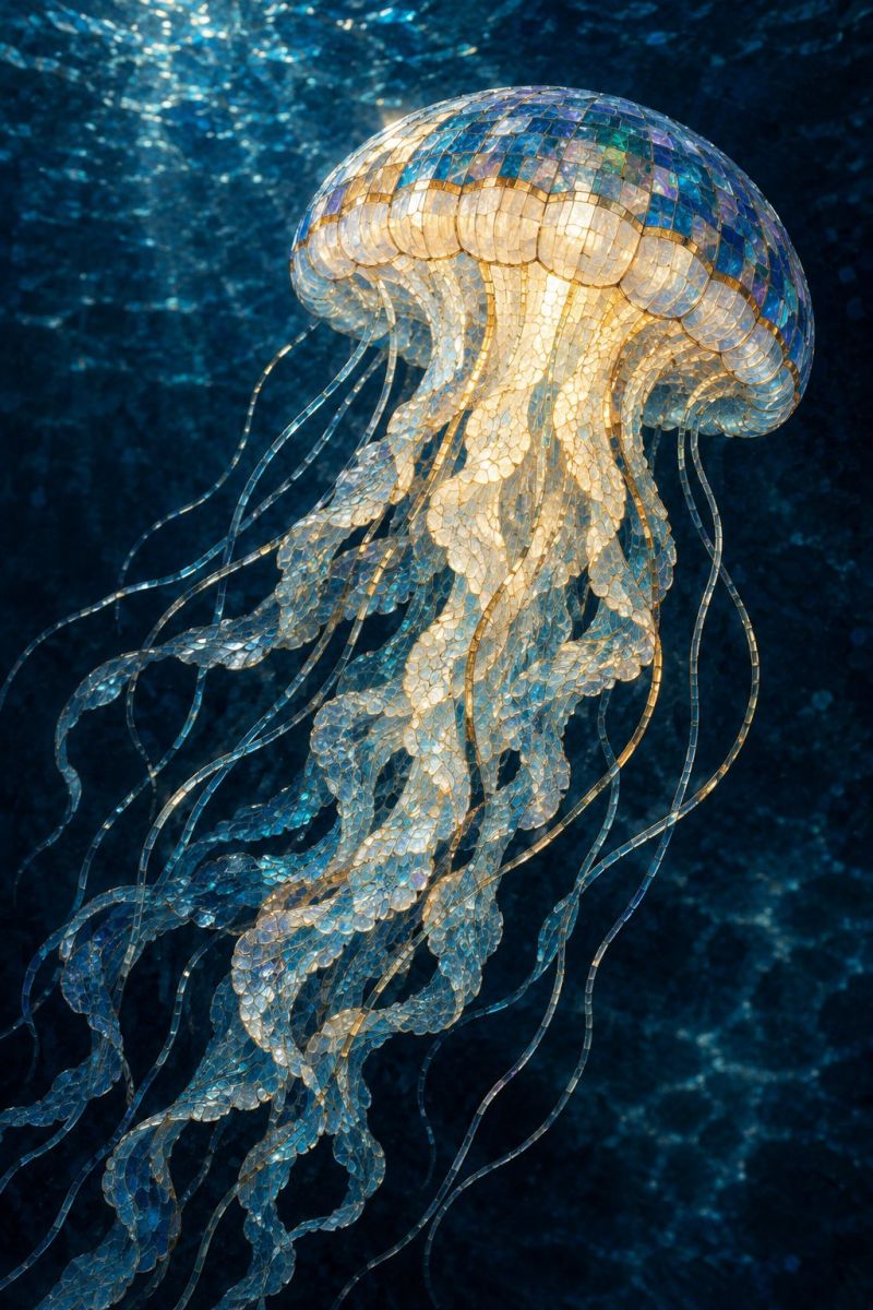 Meduse mosaique sous marin mer ocean aquarium reflet texture bulles nage creature nature decoratif eclairage superbe oeuvre d'art en mosaïque représentant une méduse flottant dans une eau d'un bleu profond. La méduse est minutieusement conçue avec une combinaison de carreaux bleus, blancs et dorés, créant un effet chatoyant qui imite la qualité translucide des vraies méduses. La cloche de la méduse est en forme de dôme et est ornée d'un motif en mosaïque qui passe d'une couleur plus claire en haut à des nuances plus foncées sur les bords. De longs tentacules délicats partent de la cloche, chacun étant méticuleusement fabriqué selon la même technique de mosaïque, donnant l'illusion de mouvement et de fluidité. Le fond est d'un bleu profond et riche, ce qui renforce le contraste et fait ressortir les méduses en mosaïque de façon éclatante.