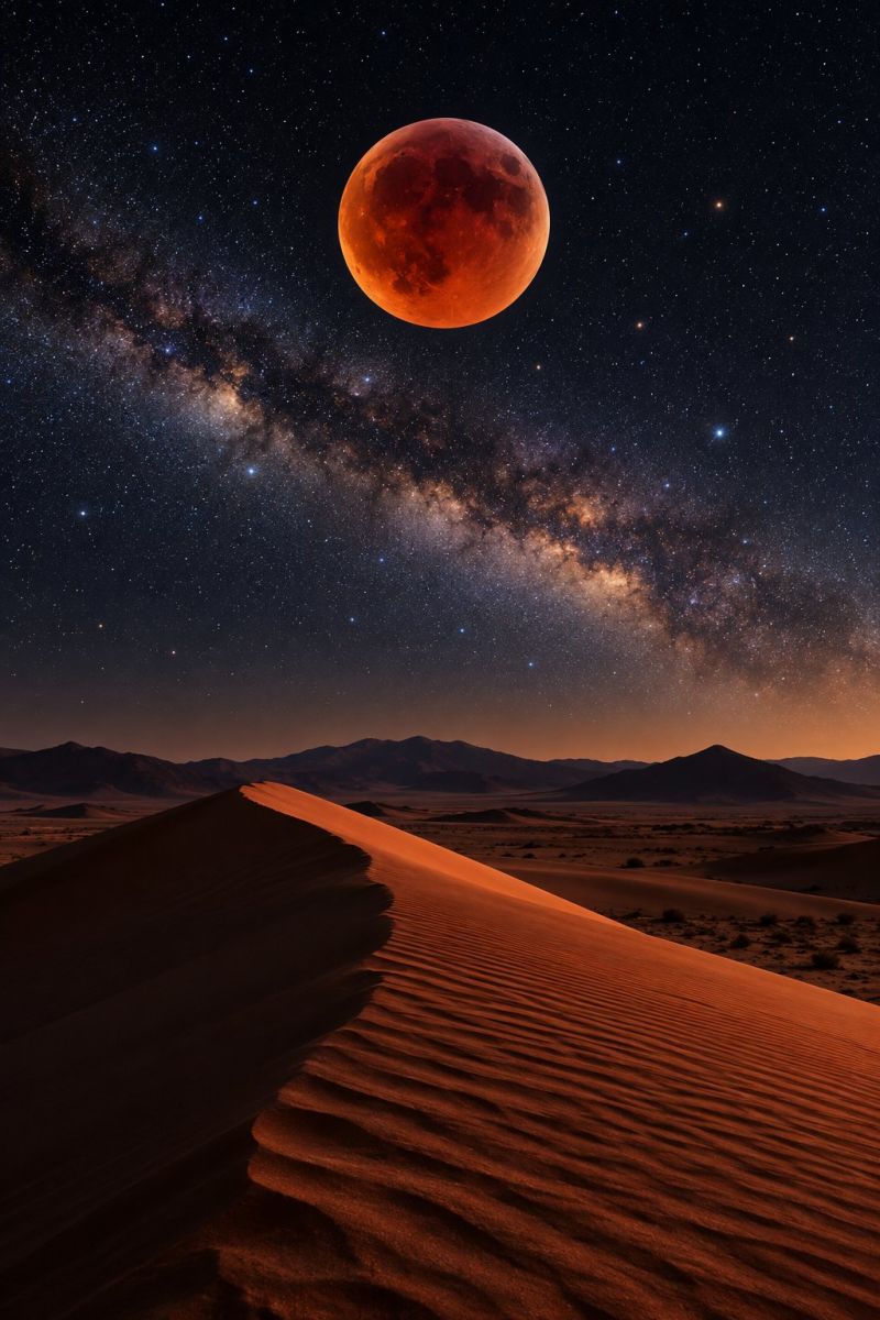 Lune nuit ciel espace etoile astronomie univers planete celeste galaxie cosmos Dans le ciel nocturne, une pleine lune rouge domine la scène, projetant une lueur rougeâtre sur le paysage. La lune est entourée d'un ciel sombre parsemé d'étoiles, où la Voie lactée est à peine visible. Sous la lune, un vaste désert s'étend, avec de grandes dunes de sable ondulées illuminées par la lumière de la lune. Les dunes sont couvertes de motifs complexes créés par le vent. Au loin, une chaîne de montagnes se profile à l'horizon, ce qui ajoute à l'effet dramatique de la scène.