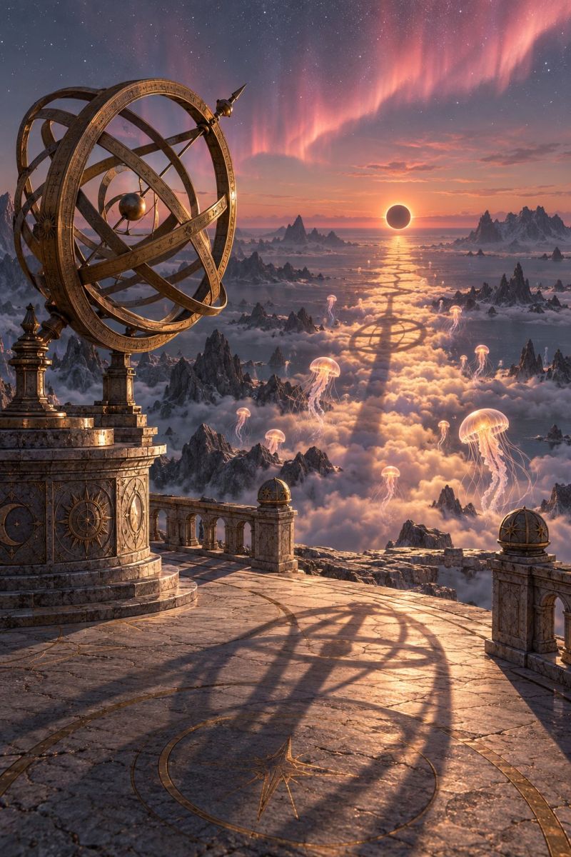 Astronomy celestial cosmos dreamscape ethereal fantasy fictional galaxy golden heavenly imagination infinity jewelry design making store supply suppli surreal scene with a large, ornate astrolabe placed on a stone platform. The astrolabe is intricately designed with circular rings and a central sphere, suggesting it is used for astronomical observations. The platform is situated on a high vantage point, overlooking a vast, cloud-filled sky. In the distance, there is a silhouette of mountains and a setting sun, casting a warm glow on the clouds. The sky is painted with hues of orange and pink, indicating the time of sunset. Floating in the sky are several jellyfish, their translucent bodies glowing softly. The scene combines elements of ancient astronomy with a fantastical, otherworldly atmosphere.