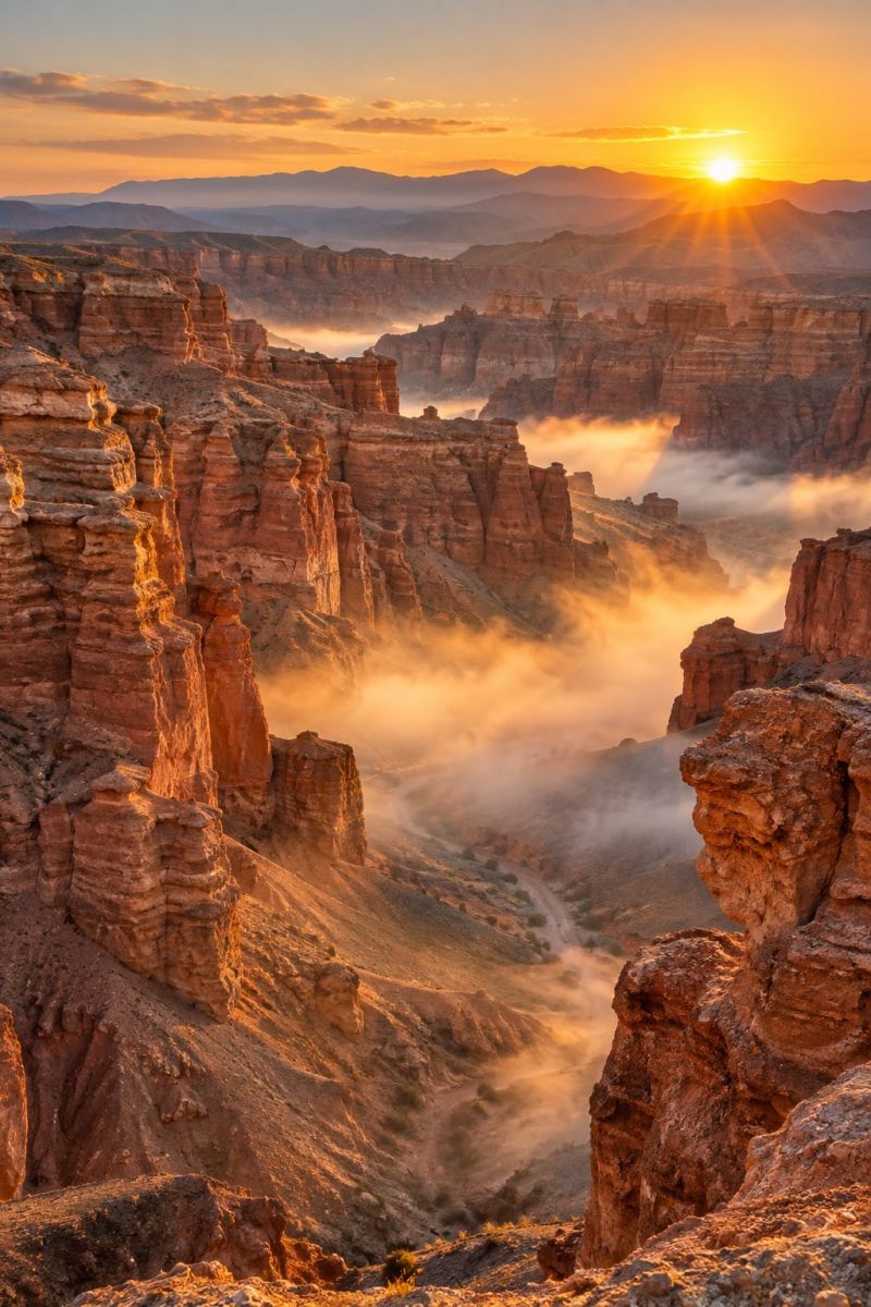 Canyon montagne nature air rocher coucher soleil lever vallee falaise brouillard colline rocheux ciel voyage formation L'image capture un coucher de soleil à couper le souffle sur un paysage de canyon vaste et accidenté. Le soleil se couche à l'horizon et projette une lumière chaude et dorée sur la scène. Les parois du canyon sont composées d'imposantes formations rocheuses brun rougeâtre, finement sculptées par l'érosion au fil des millénaires. Le premier plan présente un mélange de falaises déchiquetées et de surfaces rocheuses lisses, avec des plaques de brouillard et de brume qui traversent le canyon, ajoutant un sentiment de mystère et de profondeur. Au loin, une série de montagnes s'élèvent dans le ciel, dont les sommets se profilent sur le soleil couchant. Le ciel au-dessus est un mélange d'oranges douces, de roses et de violets, avec des nuages vaporeux captant les derniers rayons de soleil. L'atmosphère générale est sereine et majestueuse, mettant en valeur la beauté brute de la nature.