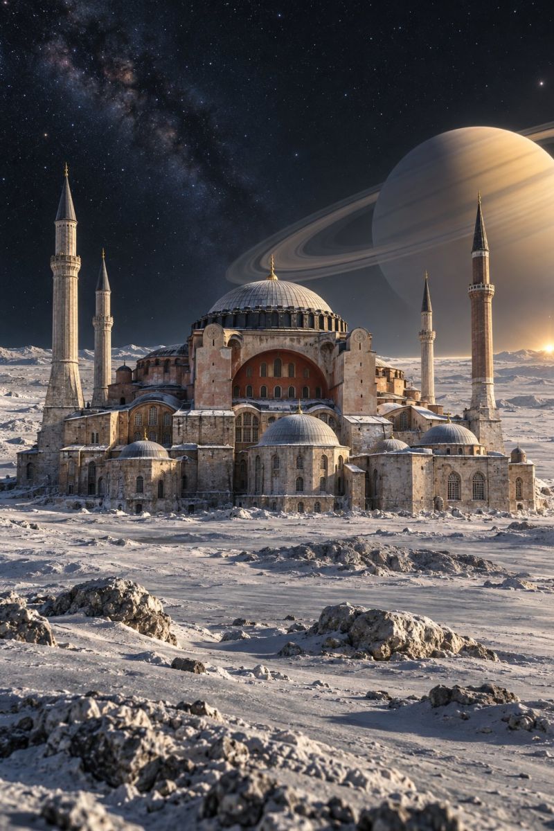 Architecture building dome istanbul mosque night planet religion saturn sky space spaceship star structure temple tower universe window hagia sophia grand architectural structure resembling a mosque, set against a back of a snowy landscape. The building features a large central dome and several smaller domes, along with tall minarets. The architecture is detailed with intricate patterns and arches. In the background, a large planet with rings, resembling Saturn, is visible against a dark sky filled with stars. The sky also shows a faint band of light, possibly the Milky Way. The ground is covered in snow, with scattered rocks and a sense of vastness.