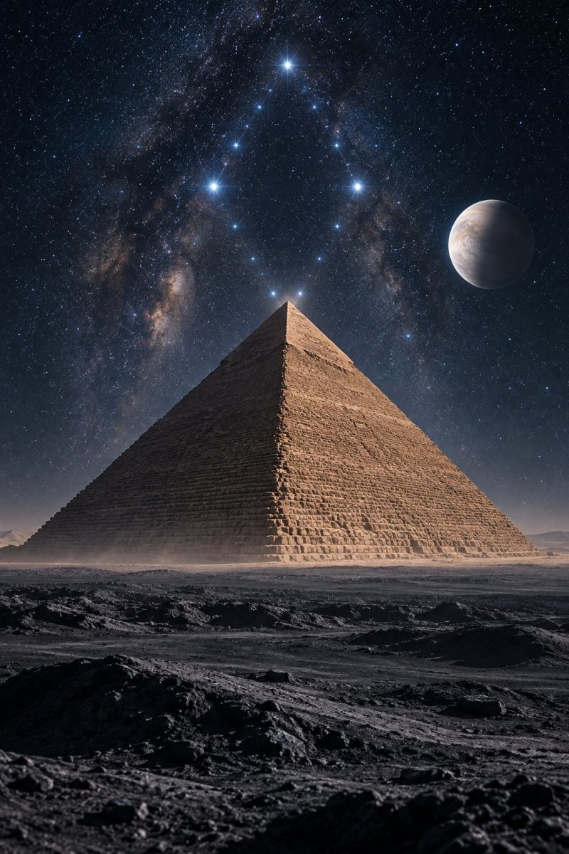 Pyramid desert night sky stars moon planet space astronomy universe cosmic celestial galactic starry ancient architecture outer egypt a large pyramid stands prominently in a desert landscape under a night sky filled with stars. The pyramid is made of stone blocks and has a triangular shape with a pointed top. Above the pyramid, the night sky is a deep blue, dotted with numerous stars. A large planet or moon is visible to the right of the pyramid, glowing softly. The sky also features a faint, milky way-like band of light stretching across it, adding to the celestial beauty of the scene. The ground around the pyramid is rocky and barren, with no other structures or signs of life.