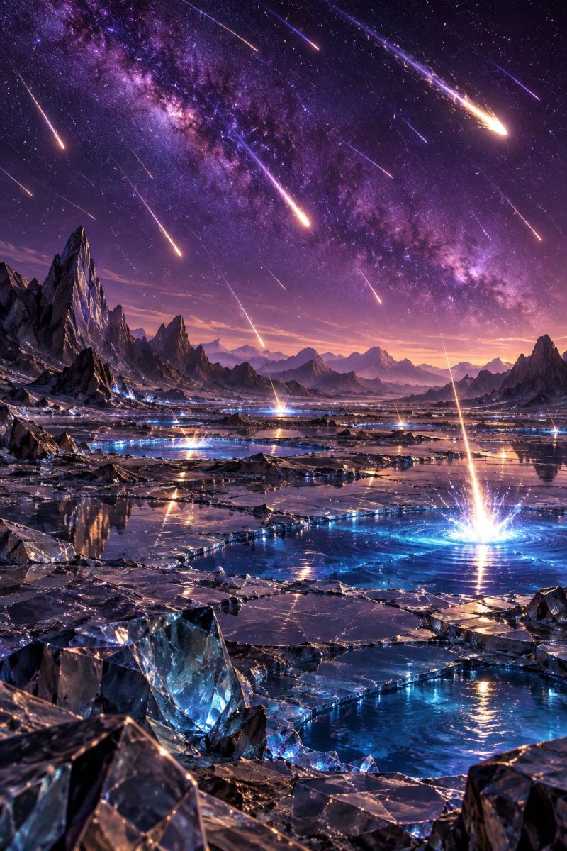 Ciel nuit meteore espace univers astronomie etoile galaxie cosmos comete meteorite celeste pluie paysage spectaculaire et surréaliste sous un ciel nocturne rempli de météores. Le ciel est d'un violet foncé, parsemé d'étoiles et strié de météores brillants et brillants. Le premier plan montre un terrain gelé et glacé avec des rochers déchiquetés et un plan d'eau reflétant les lumières célestes. L'eau est d'un bleu profond et certaines zones brillent faiblement, probablement à cause de la réflexion des météores. Les montagnes à l'arrière-plan sont accidentées et rocheuses, avec un soupçon de coucher de soleil à l'horizon, ajoutant une teinte orange chaude à la scène. L'atmosphère générale est empreinte d'une beauté surnaturelle et d'une merveille cosmique.