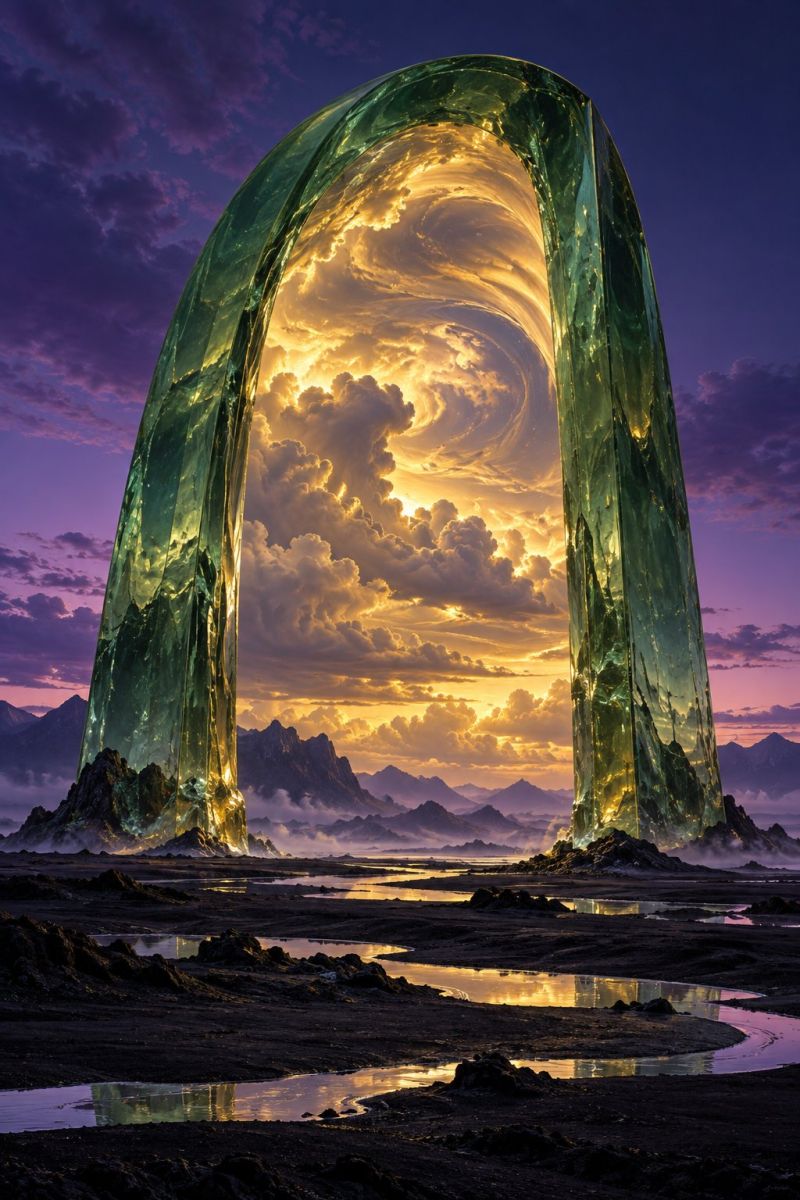 Arche architecture pont nuages concept design fantaisie fiction portail imagination montagnes reflet ciel Une grande structure verte incurvée ressemblant à une arche de cristal se dresse bien en évidence dans un paysage vaste et ouvert. L'arche est illuminée de l'intérieur, projetant une lumière chaude et dorée qui se reflète sur sa surface. Derrière l'arche, le ciel passe du violet foncé à une teinte dorée, indiquant le soleil couchant. Le ciel est rempli de nuages, dont certains sont illuminés par les rayons du soleil, ce qui ajoute de la profondeur et de la texture à la scène. À l'arrière-plan, une chaîne de montagnes est visible, dont les sommets se découpent sur le ciel coloré. Le premier plan représente un plan d'eau dont la surface reflète les reflets de l'arche et du ciel. La scène générale est sereine et surnaturelle, avec un sentiment de grandeur et de tranquillité.