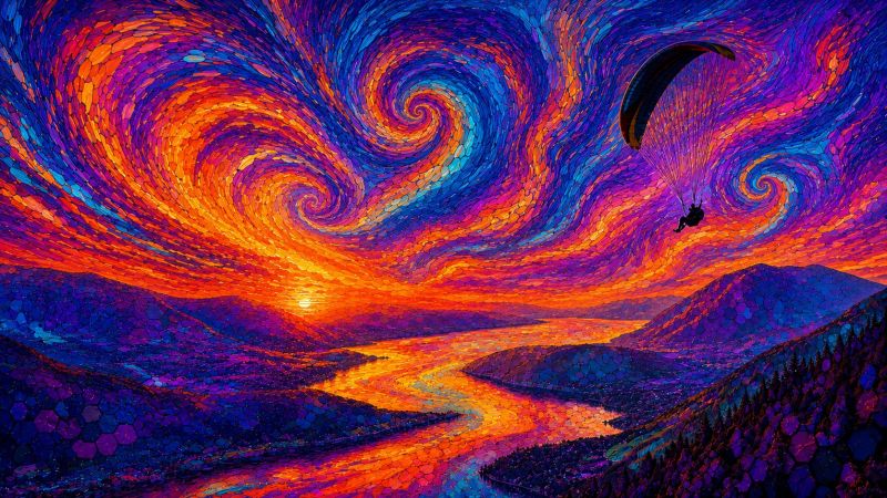 Ciel coucher soleil montagne eau parapente nature riviere reflet ligne horizon colline foret nuages aventure aerien scène de coucher de soleil vibrante et abstraite. Le ciel est rempli de motifs tourbillonnants de teintes violettes, bleues et oranges, créant une atmosphère dynamique et presque surnaturelle. Au premier plan, une personne fait du parapente, sa silhouette visible sur le ciel coloré. Le parapente est suspendu dans les airs et le parachute flotte derrière lui. En contrebas, une rivière serpente dans une vallée bordée de montagnes peintes d'un bleu profond et d'un violet. Le paysage est encadré par un décor de motifs tourbillonnants en forme de spirale qui ajoutent à la qualité surréaliste de la scène. Le soleil se couche à l'horizon et projette une lumière chaude et dorée sur l'ensemble du paysage.