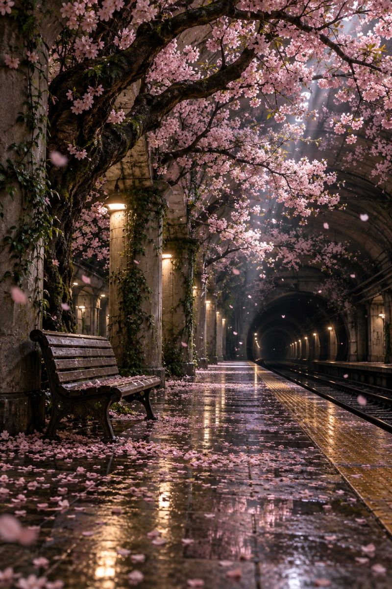 Tunnel rain bench trees sunlight reflection wet platform wall columns vines lighting shadows atmosphere nature cherry blossoms train station pink flow serene and picturesque scene of a train station platform. The platform is covered with a canopy of cherry blossom trees, their branches adorned with delicate pink blossoms. The blossoms are scattered on the wet platform, creating a soft, pink carpet. The station has a rustic, old-world charm with stone pillars and arched ceilings. The platform is well-lit by vintage lamps, casting a warm glow. A wooden bench is placed under the canopy, inviting passersby to rest. The train tracks are visible, leading into a tunnel that is softly illuminated. The overall atmosphere is tranquil and slightly nostalgic, with the cherry blossoms adding a touch of natural beauty.
