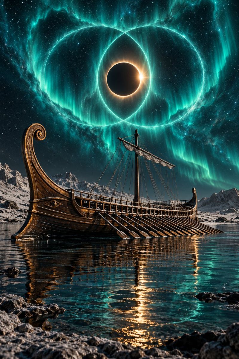 Boat water sky night aurora eclipse space star galaxy universe cosmos astronomy astrophysics astrology celestial cosmic cosmological cosmology extrate An ancient Viking ship floats on a calm, dark sea under a sky filled with vibrant green auroras. The ship has a dragon head at the bow and is adorned with oars. In the background, a solar eclipse is visible, with the sun partially obscured by the moon, surrounded by swirling green lights. The sky is filled with stars, and the auroras dance above the ship, creating a mystical and otherworldly atmosphere.