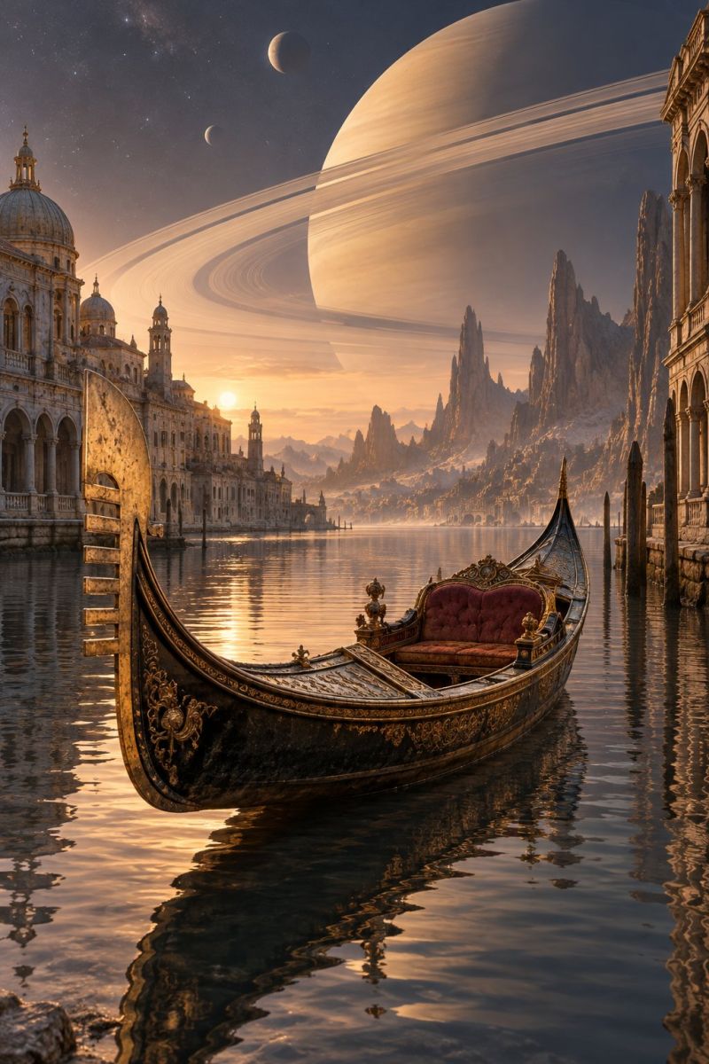 Boat water reflection sky city architecture building dome tower mountain rock sun sunset moon planet space universe fantasy imagination In the foreground, a luxurious gondola floats on a calm body of water. The gondola is adorned with intricate gold designs and features a cushioned red seat. The gondola's bow curves gracefully, reflecting the serene water and the sky above. Behind the gondola, a grand building with arched windows and a dome-shaped roof stands, its reflection mirrored in the water. The sky is a deep blue, dotted with stars and a large, glowing planet with rings. In the distance, a silhouette of mountains and a setting sun adds to the tranquil scene.