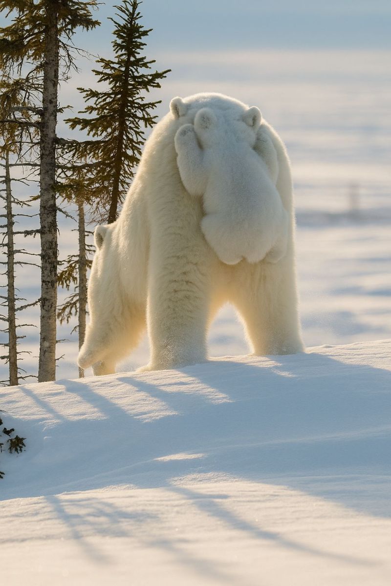 Cub snow mother wildlife nature arctic protection conservation habitat ice animal mammal parenting family outdoors polar bear climate change sea endan In a snowy landscape, a large polar bear stands with its back turned, carrying a smaller cub on its back. The cub is gripping onto its mother's fur. The polar bear's fur is thick and white, blending seamlessly with the snow. Behind the bear, there are several tall, slender trees with bare branches, indicating a cold, possibly winter environment. The sky is clear and blue, with no visible clouds. The shadows of the trees and the bear are cast onto the snow, adding depth to the scene.