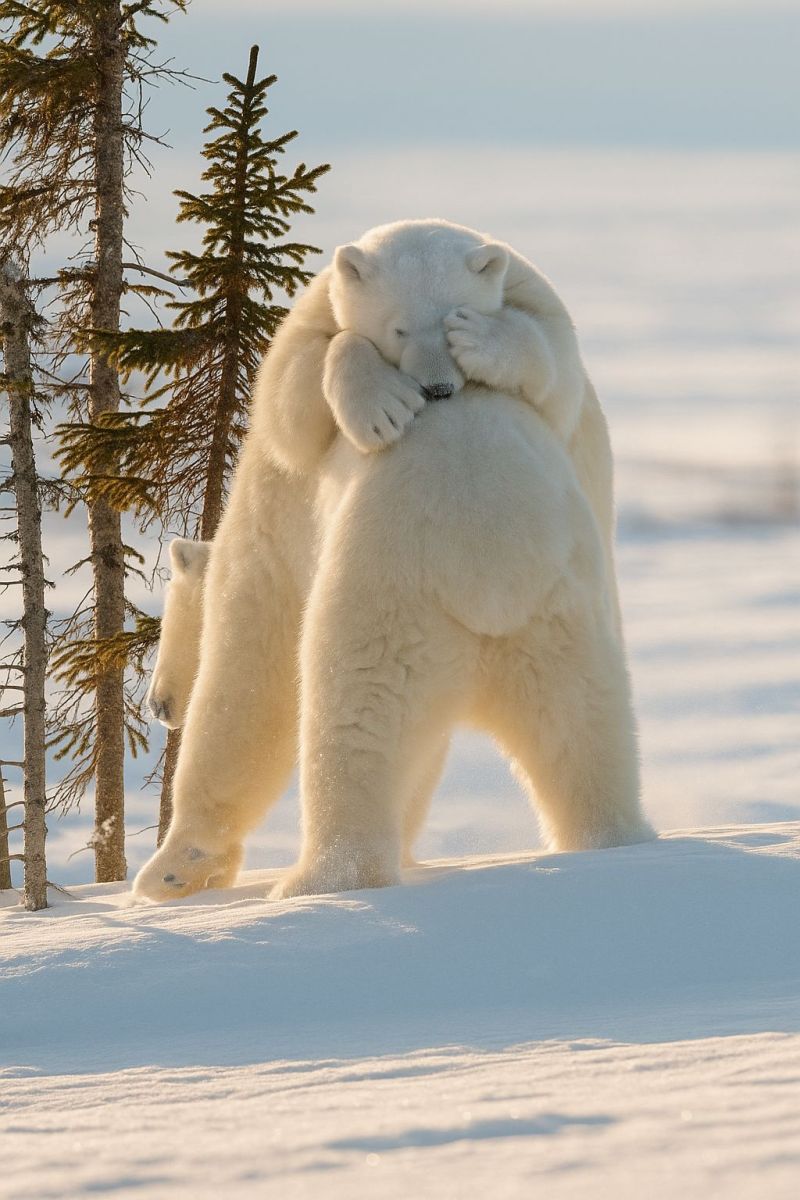 Cub snow winter wildlife nature arctic mother protection parenting conservation habitat cold ice paws fur play motherhood polar bear animal behavior In a snowy landscape, a polar bear stands upright with its front paws resting on the back of another polar bear, which is facing away. The polar bear on top has its head resting on the other bear's shoulder. Behind them, there are two slender trees with evergreen foliage. The snow is white and covers the ground, and the sky is clear and blue.