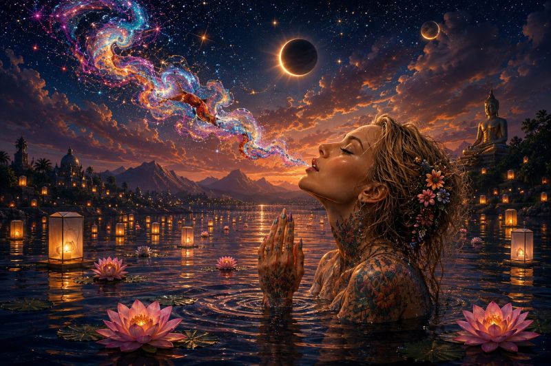 Woman water lake flower night sky cloud moon star meditation zen calm serene tranquil peaceful contemplative spiritual mystical fantasy A woman with long hair and tattoos is in a serene body of water, possibly a lake, surrounded by floating lanterns. She is looking up, seemingly in awe, as she exhales a colorful, mystical smoke that swirls into the night sky. The sky is a deep orange and pink, with a crescent moon and a silhouette of a planet. In the distance, there is a Buddha statue and a mountain range. The water reflects the lights from the lanterns and the sky, creating a magical and tranquil atmosphere.