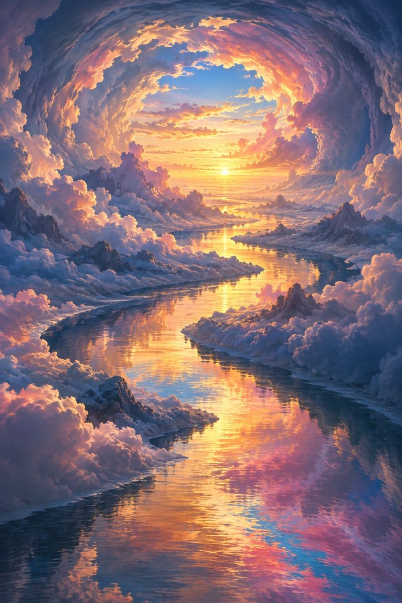 Sky clouds river water sunset reflection mountains nature painting fantasy dreamlike colorful atmosphere horizon serene and surreal landscape with a river flowing through a valley surrounded by mountains. The sky is a blend of warm sunset colors, including oranges, pinks, and purples, with the sun setting on the horizon. The river reflects these colors, creating a mirror-like effect. The mountains are partially covered in snow, and the clouds above are fluffy and white, adding to the dreamlike quality of the scene. The overall atmosphere is peaceful and enchanting, with a sense of tranquility and beauty.