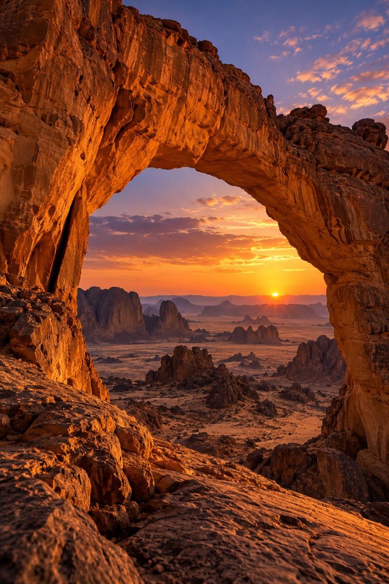 Desert coucher soleil ciel rocher montagne rocheux formation falaise flanc mur L'image capture un coucher de soleil à couper le souffle sur un paysage désertique. Le soleil se couche à l'horizon et projette une lumière chaude et dorée sur la scène. Le ciel est un mélange de bleus profonds et d'oranges ardentes, avec des nuages vaporeux qui ajoutent de la texture. Le premier plan présente une arche rocheuse naturelle dont les bords sont illuminés par le soleil couchant, projetant de longues ombres sur les rochers environnants. Le sol du désert est recouvert d'un mélange de sable et de rochers, avec des collines et des montagnes lointaines qui s'estompent à l'horizon. La scène générale est sereine et majestueuse, mettant en valeur la beauté de la nature au crépuscule.