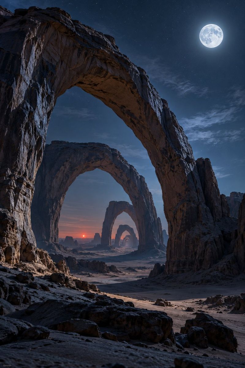 Arche desert lune nuit ciel rocher pierre falaise montagne colline rocheuse formation cote une grande pleine lune apparaît bien en évidence dans le ciel nocturne, projetant une lumière douce et argentée sur la scène. La lune est entourée de quelques étoiles éparses, ce qui contribue à l'atmosphère sereine et mystique. Sous la lune, il y a deux grandes formations rocheuses naturelles qui ressemblent à des arches, offrant une vue spectaculaire et impressionnante. Les arches sont faites de pierre robuste et patinée, avec des motifs et des textures complexes gravés sur leurs surfaces. Le sol sous les arches est recouvert d'un mélange de petits rochers et de sable, avec quelques zones de végétation clairsemée visibles au loin. Le ciel passe d'un bleu profond à une teinte plus claire près de l'horizon, là où le soleil se couche, projetant une lueur chaude et dorée sur le paysage. La scène d'ensemble est empreinte de beauté naturelle et de tranquillité, la lune et les arches étant les points focaux de l'image.