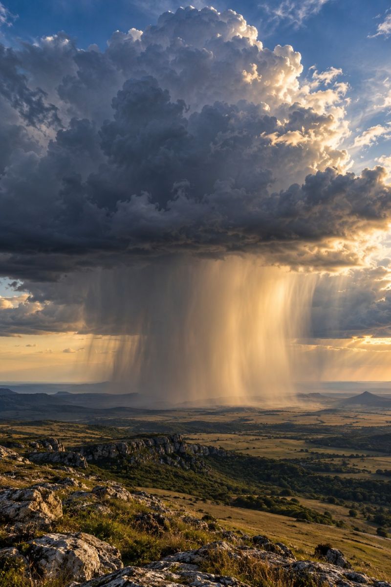 Sky clouds rain waterfall mountains hills grass rocks sunlight sun sunbeams water weather nature outdoors scenery horizon atmosphere A dramatic scene unfolds with a large, dark cloud mass looming over a vast, open landscape. The cloud is dense and appears to be releasing heavy rain, creating a curtain of water that cascades down towards the ground. The rain is illuminated by the sun, casting a golden hue on the water and the surrounding area. Below the cloud, the landscape is a mix of rocky terrain and grassy fields, with distant hills and a clear blue sky peeking through the clouds. The overall scene is one of intense weather, with the power of nature on full display.