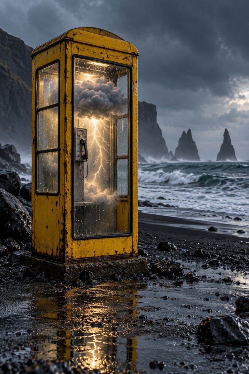 Beach storm lightning water rocks waves mountains reflection weather nature sea clouds sunlight weathered dramatic outdoors phone booth dark An old yellow telephone booth stands on a wet, rocky beach. The booth is weathered and has a broken glass window. Inside the booth, a dramatic lightning bolt strikes through the glass, illuminating the interior with a bright flash. The sky above is dark and cloudy, suggesting an impending storm. The sea is rough, with waves crashing against the rocks. In the background, there are jagged rock formations, adding to the dramatic and rugged landscape.