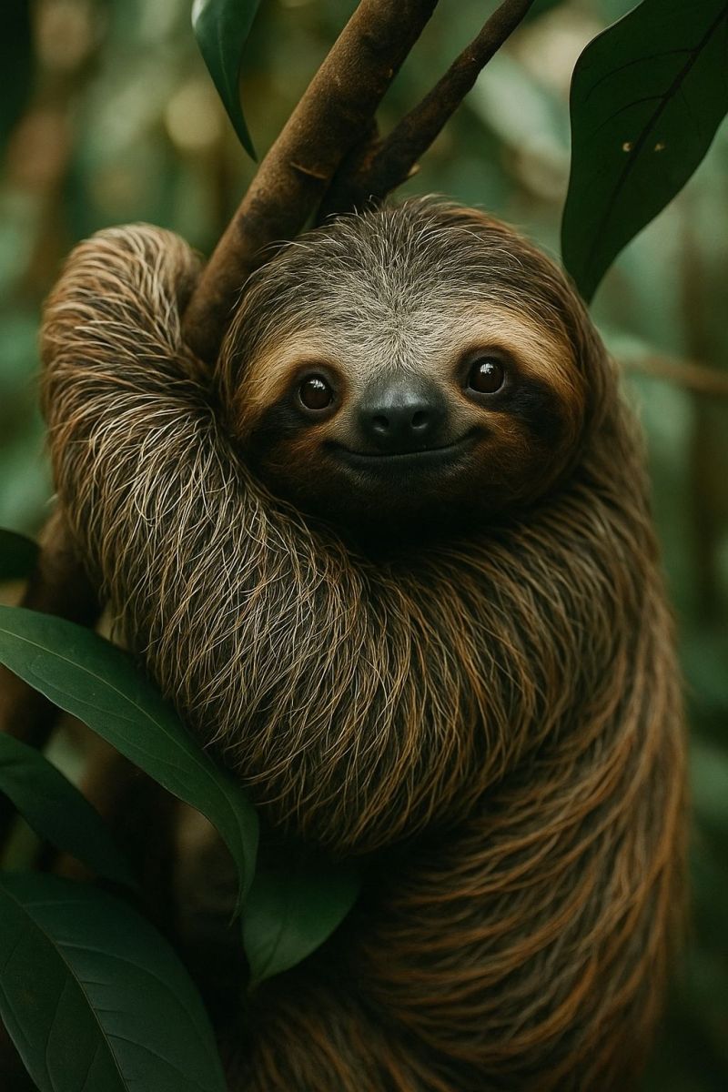 Paresseux faune animal nature mammifere foret arbre branche feuille vert fourrure sourire mignon gros jungle habitat conservation Un gros plan d'un paresseux suspendu à une branche d'arbre. Le paresseux a un visage rond avec un petit nez pointu et de grands yeux ronds. Sa fourrure est un mélange de brun et de gris, avec une tache plus claire sur sa poitrine. Les bras du paresseux sont enroulés autour de la branche, et son corps est légèrement courbé. L'arrière-plan est flou, avec des feuilles vertes visibles.