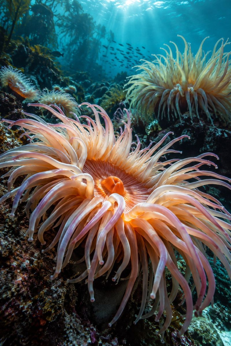 Sea underwater ocean coral reef fish seascape marine aquatic anemone tentacles sunlight sunbeam sun life rays An underwater scene features a large, vibrant sea anemone with long, thin tentacles radiating from its center. The anemone is a mix of orange and pink hues, with a bright orange center. It is positioned on a rocky surface, with other sea creatures and plants in the background. The water is clear, allowing sunlight to filter through, creating a bright and lively atmosphere. In the distance, a school of fish swims in a circular formation, adding to the dynamic underwater environment.