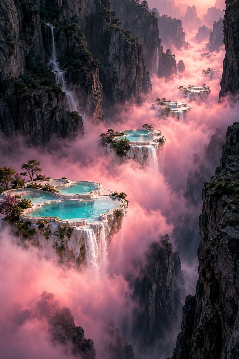 Montagne cascade falaise rocher eau ciel brouillard nature rose brume colline arbres paysage surréaliste avec plusieurs îles flottantes entourées de brume rose. Chaque île possède un bassin d'eau circulaire dans lequel se jette une cascade. Les îles sont ornées d'arbres et de plantes, et la brume crée une atmosphère onirique et surnaturelle. L'arrière-plan présente des falaises rocheuses accidentées et un ciel qui passe du rose à une teinte plus foncée, ce qui ajoute au décor fantastique.