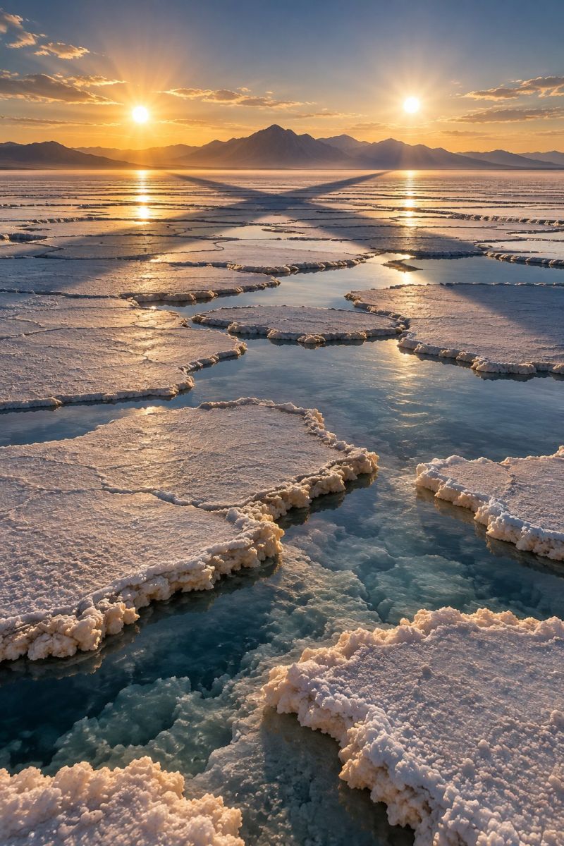 Coucher soleil lac eau ciel montagne reflet mer nuages horizon nature glace sel desert salee vaste paysage plat recouvert d'une épaisse couche de sel, avec le soleil couchant au loin. Le ciel est orange foncé et rose, avec des nuages épars. Les rayons du soleil se reflètent sur l'eau, créant un effet chatoyant. L'eau est divisée en plusieurs sections par des crêtes salées, et certaines d'entre elles ont un aspect blanc et mousseux. En arrière-plan, il y a des montagnes aux teintes dorées et la scène générale est sereine et paisible.