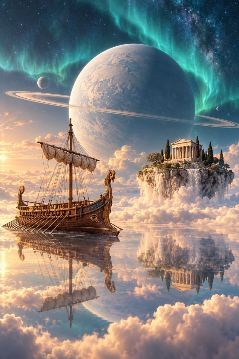 Space ship clouds planet aurora fantasy water reflection architecture temple sky stars moon alien In the foreground, a Viking ship with dragon head figureheads glides through the clouds. The ship is reflected on the water below, creating a mirror image. To the right, a small island with a classical temple structure, possibly the Parthenon, is perched on a cliff, with trees and a waterfall cascading down. In the background, a large planet with rings and a smaller moon orbits. The sky is filled with stars and auroras, adding a magical touch to the scene.