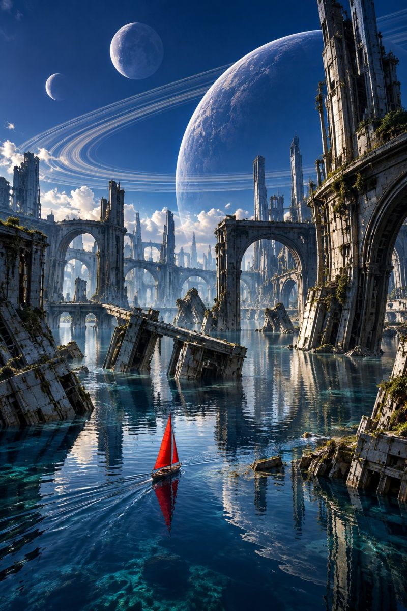 Ville ciel planete lune espace architecture eau bateau pont fantaisie ruines reflexion futuriste extraterrestre monde technologie Au premier plan, un petit voilier rouge glisse sur un plan d'eau serein. La voile du voilier est bien visible et capte la lumière. Autour de l'eau se trouvent les vestiges d'un paysage architectural autrefois grandiose, aujourd'hui en ruine. Ces structures, en pierre, comportent des arches et des colonnes, dont certaines sont partiellement immergées dans l'eau. La scène a pour toile de fond un vaste ciel bleu avec deux lunes visibles, l'une plus grande que l'autre, et une planète lointaine avec des anneaux. Le ciel est parsemé de nuages, ce qui contribue à l'atmosphère paisible.