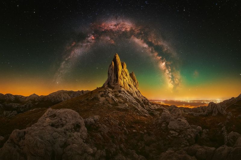 Mountain night sky rock cloud star astronomy breathtaking night scene featuring a rugged mountain landscape under a star-studded sky. In the foreground, there is a prominent, jagged rock formation that stands out against the dark sky. The Milky Way galaxy is prominently displayed, stretching across the sky with its luminous, swirling bands of stars and nebulae. The sky transitions from deep blue to a lighter hue near the horizon, where the first hints of dawn are visible. The landscape is dotted with scattered rocks and stones, and in the distance, faint lights suggest the presence of a town or city. The overall atmosphere is serene and majestic, capturing the beauty of nature under the night sky.